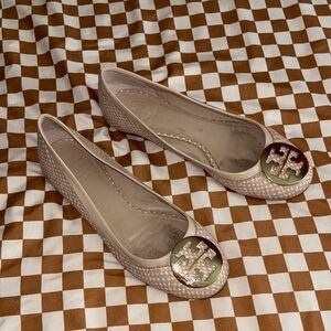 Tory Burch Taupe Woven Loafers with Gold Accents